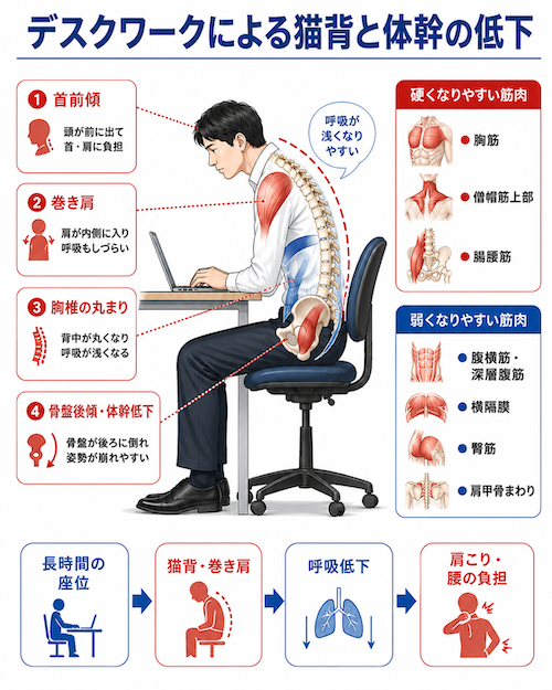 デスクワークによる猫背と体幹の低下